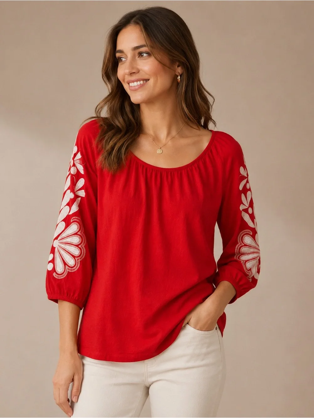 Talbots Red Embroidered Floral Sleeve Top M 3/4 Sleeve - Picture 1 of 7